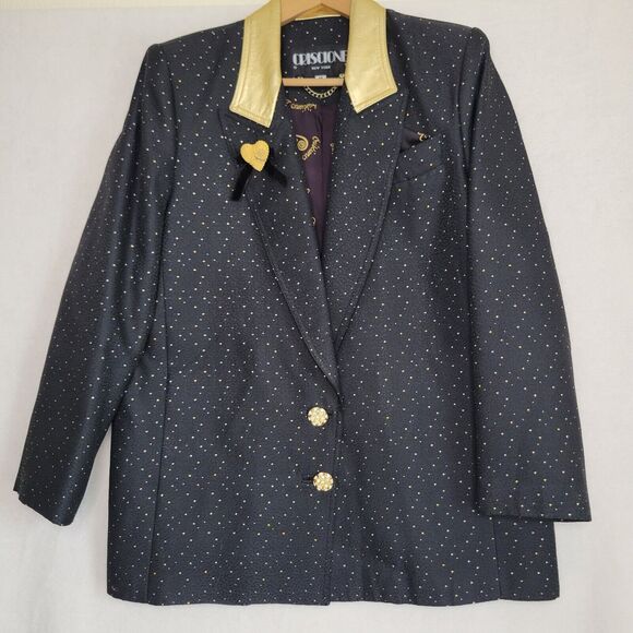 Vintage 80s Criscione New York Black Gold Leather Blazer Jacket Size Medium